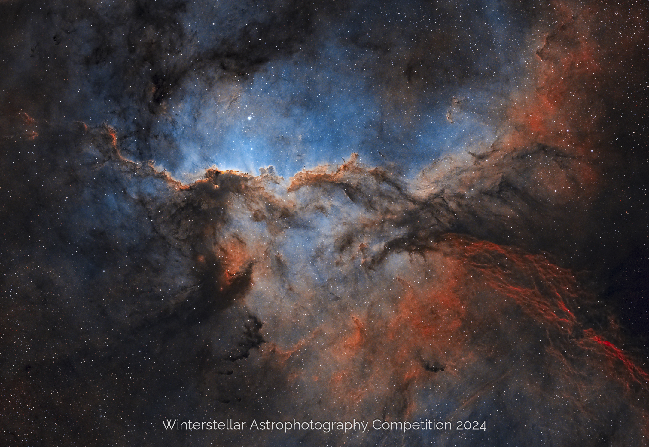 Red nebular and dust clouds with fine detail.
