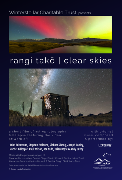 Movie poster featuring image of Aurora over lake and mountains, the movie title "rangi takō clear skies", and an image of the Milky Way with light shining out of shotgun holes in the walls and door of a long drop toilet amongst the tussock in the foreground.