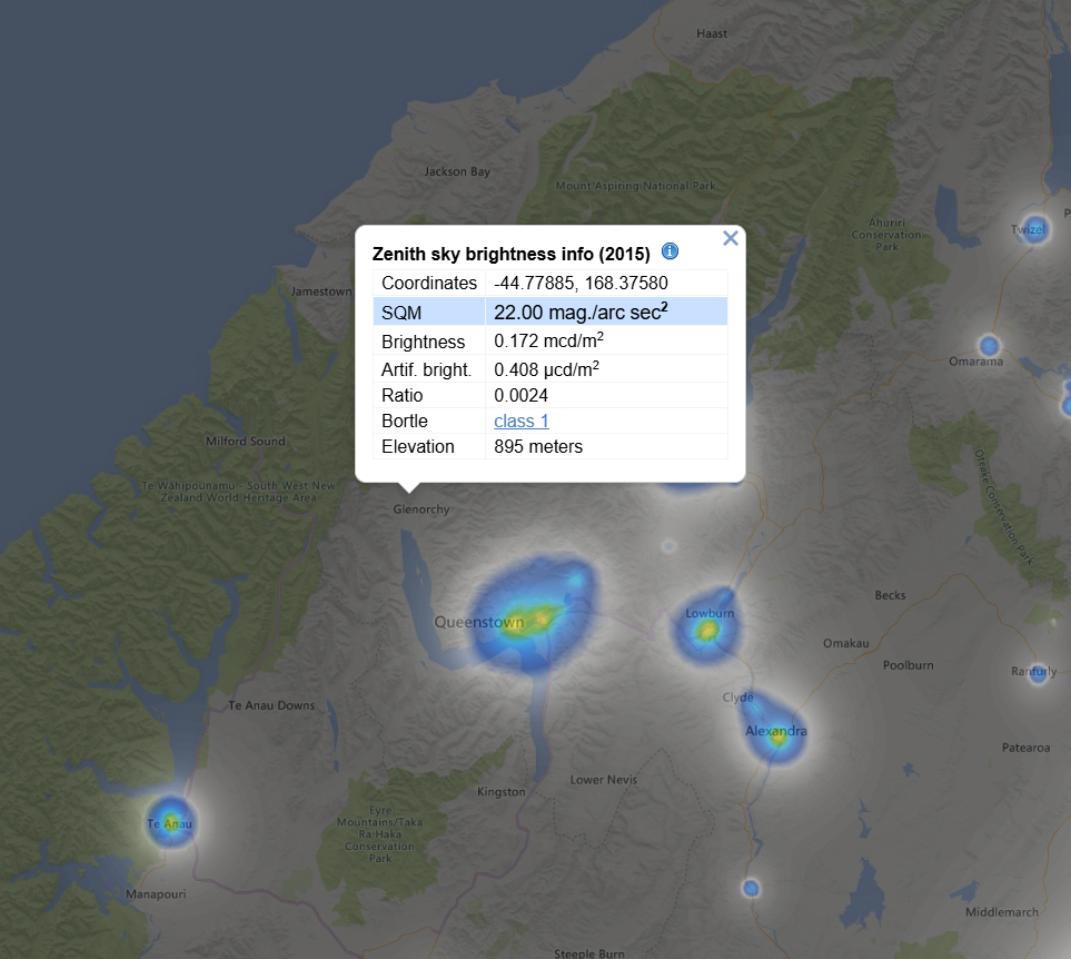 Tāhuna Glenorchy Sky Brightness Map